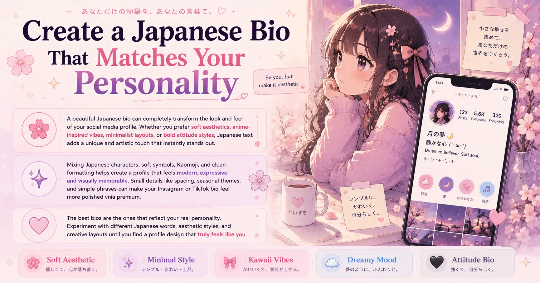 Creative Japanese bio ideas with soft aesthetic kawaii and minimalist profile styles