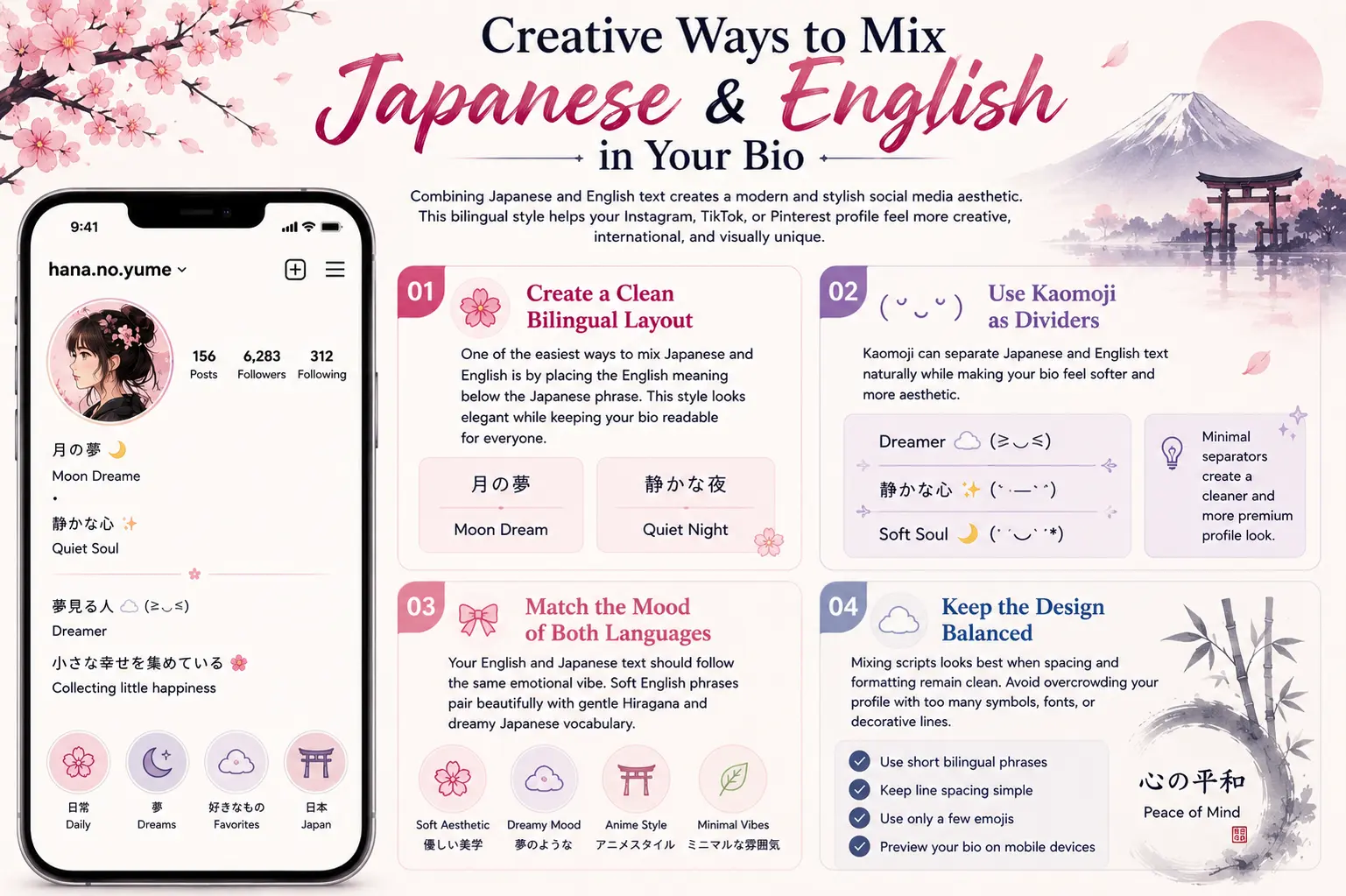 Creative bilingual Japanese and English bio ideas for Instagram TikTok and Pinterest